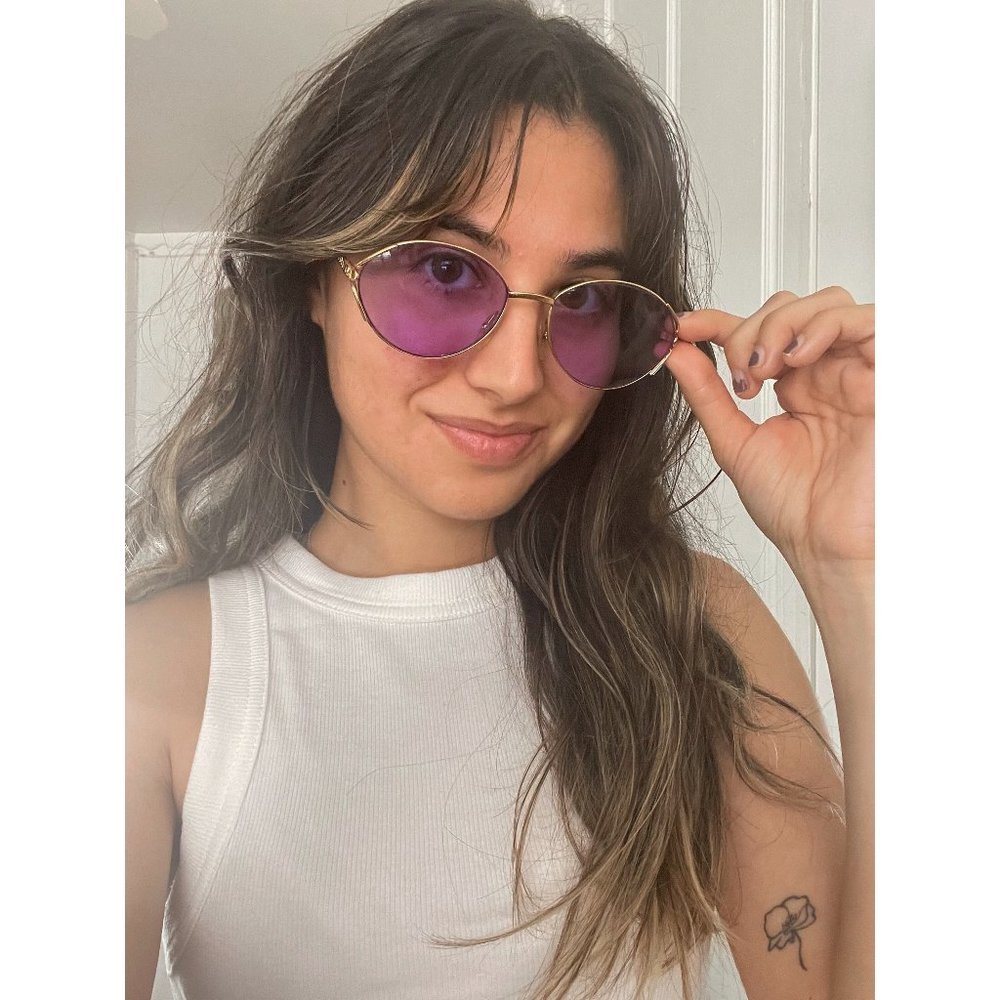 80's 90's Small CHRISTIAN DIOR Sunglasses Eyewear Gold Metal Frames Purple Lens